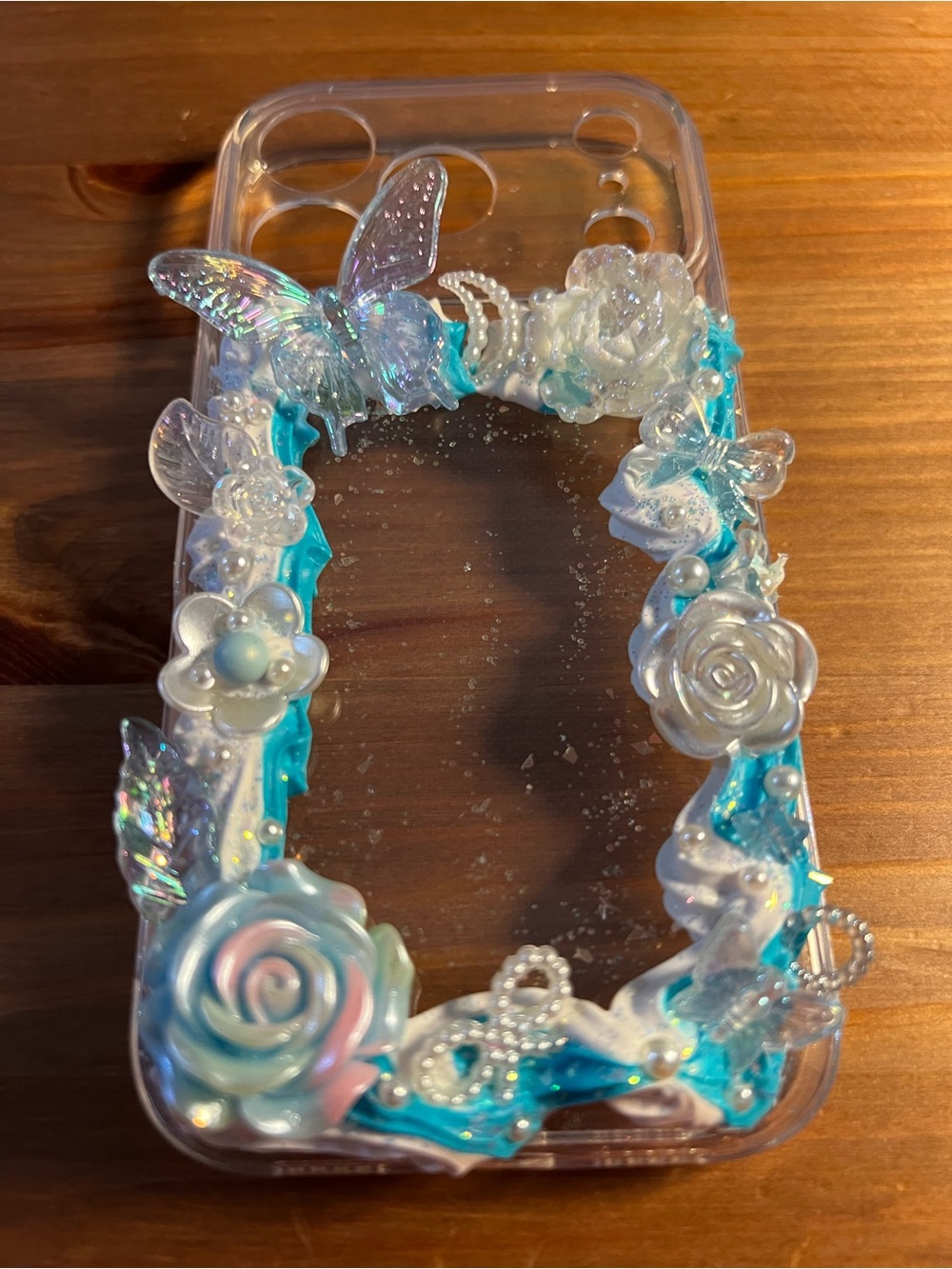 iPhone 17 Pro Decorative Clear Phone Case with Blue & Pearl Accents